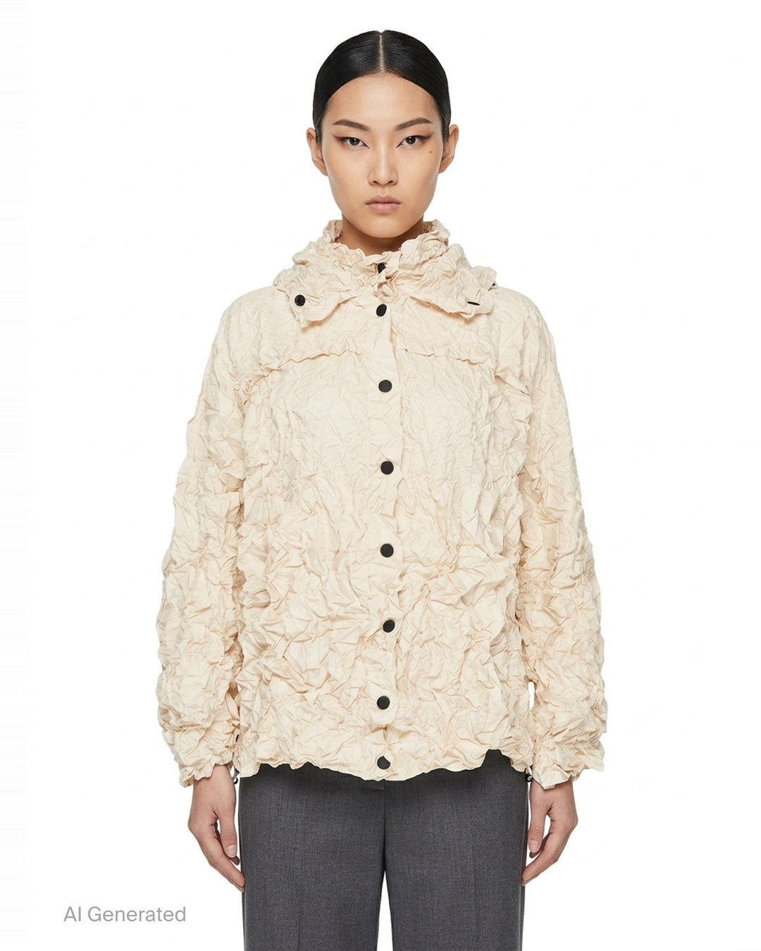 me Issey Miyake Meringue Parka in black — oversized crinkled blouson with ruched hood, snap-button front, and drawstring hem and cuffs - front