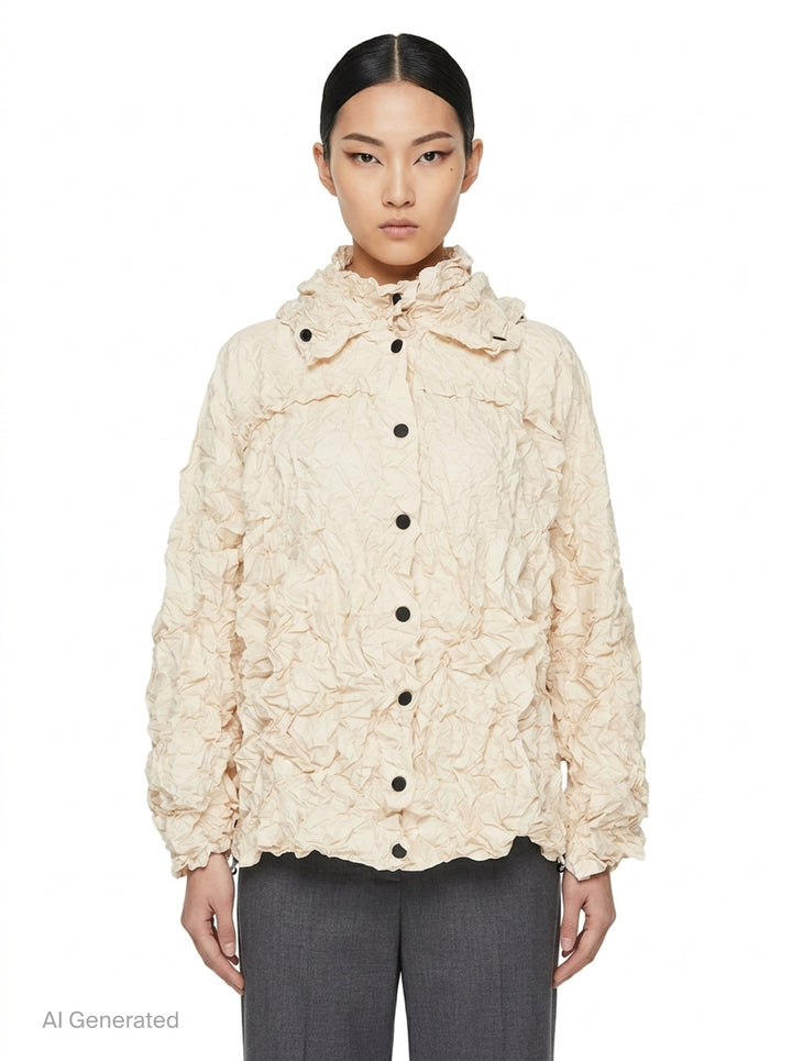 me Issey Miyake Meringue Parka in black — oversized crinkled blouson with ruched hood, snap-button front, and drawstring hem and cuffs - front