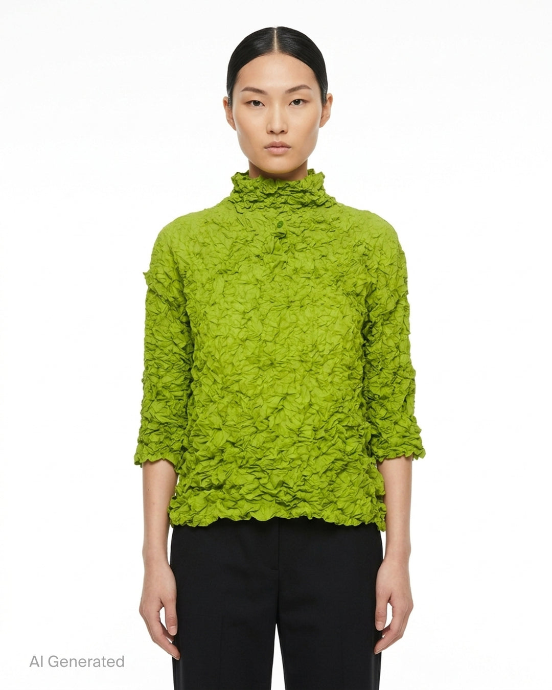 me Issey Miyake Meringue Top in black with allover crinkled texture, funnel neckline and short sleeves - front