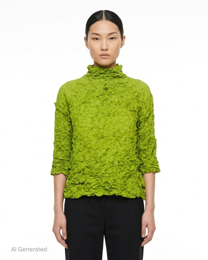 me Issey Miyake Meringue Top in black with allover crinkled texture, funnel neckline and short sleeves - front