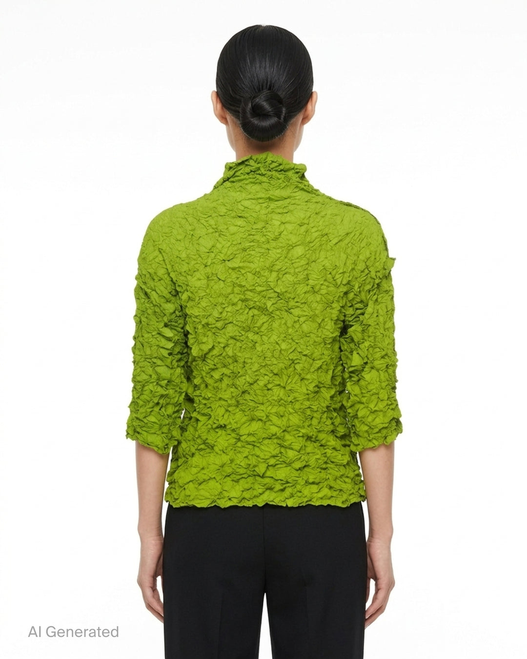 me Issey Miyake Meringue Top in black with allover crinkled texture, funnel neckline and short sleeves - back