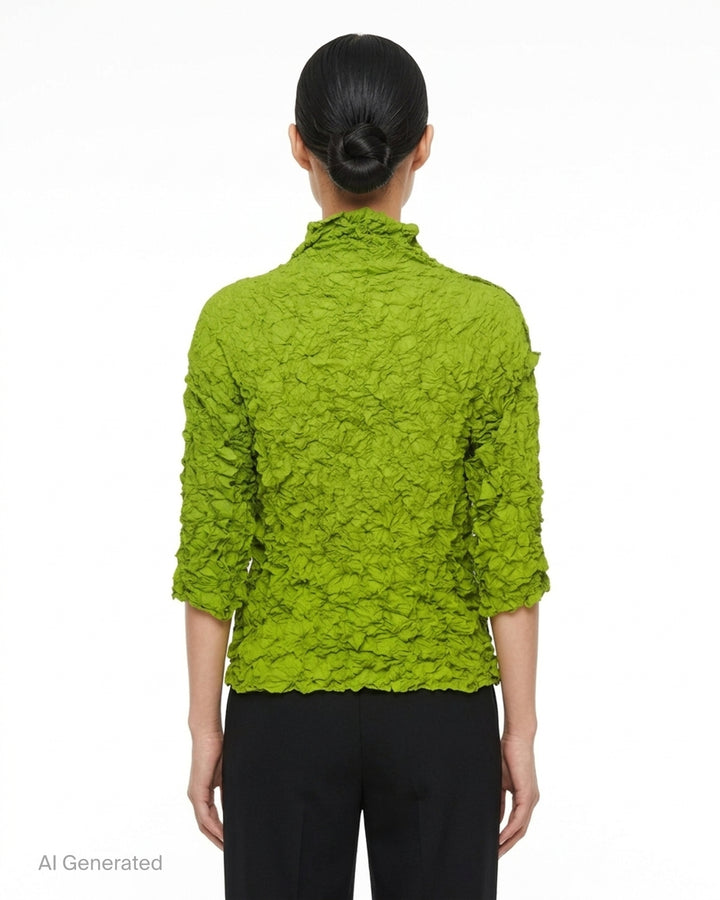 me Issey Miyake Meringue Top in black with allover crinkled texture, funnel neckline and short sleeves - back