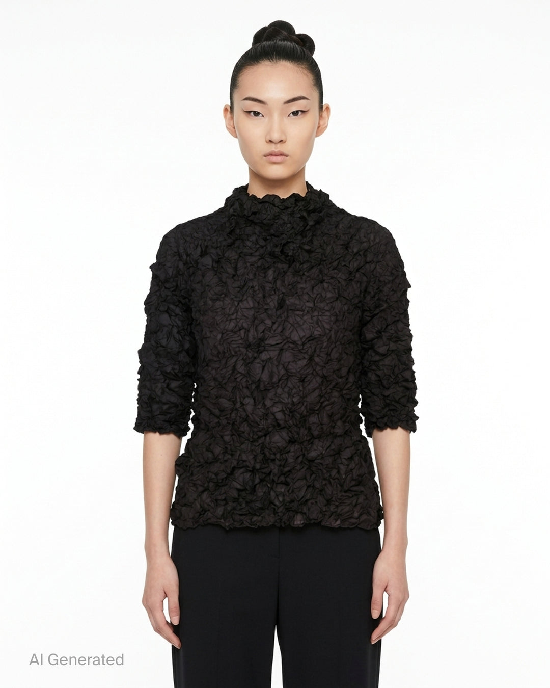 me Issey Miyake Meringue Top in black with allover crinkled texture, funnel neckline and short sleeves - front