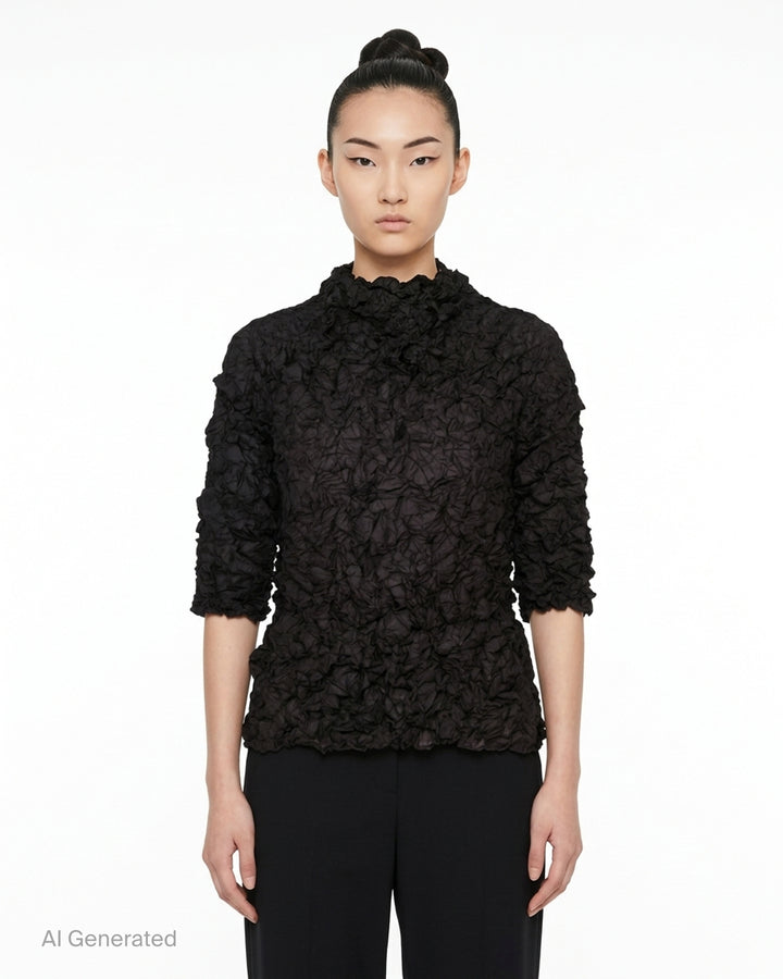 me Issey Miyake Meringue Top in black with allover crinkled texture, funnel neckline and short sleeves - front