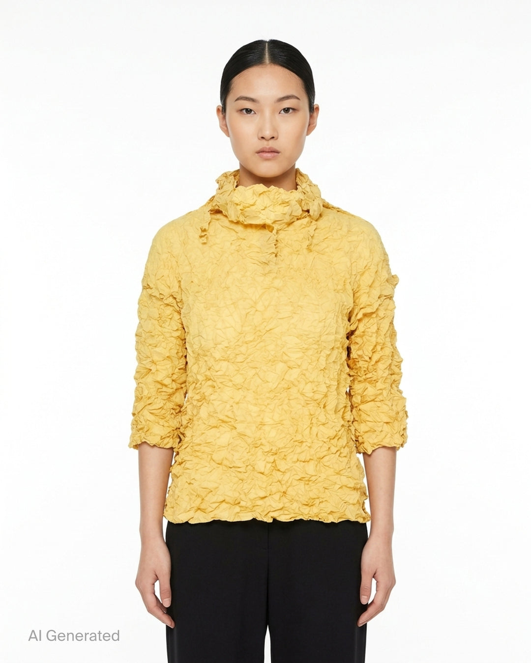 me Issey Miyake Meringue Top in black with allover crinkled texture, funnel neckline and short sleeves - front
