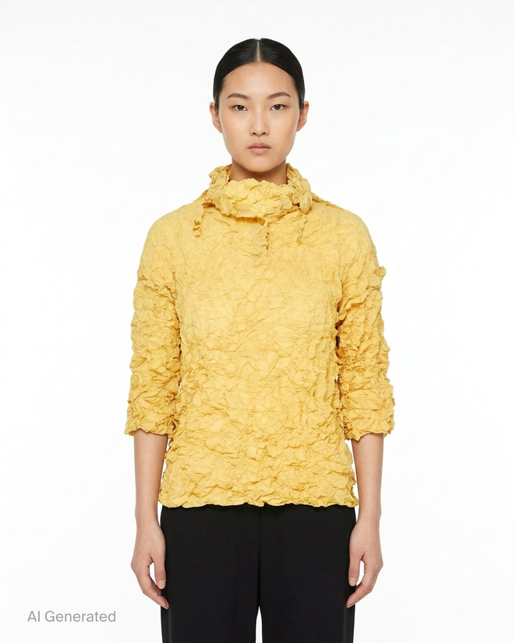 me Issey Miyake Meringue Top in black with allover crinkled texture, funnel neckline and short sleeves - front