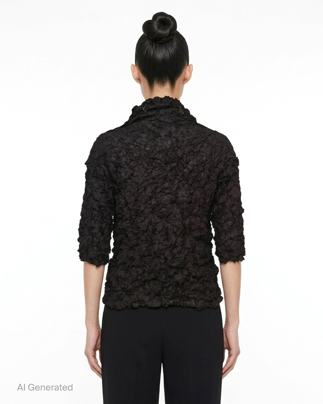 me Issey Miyake Meringue Top in black with allover crinkled texture, funnel neckline and short sleeves - back