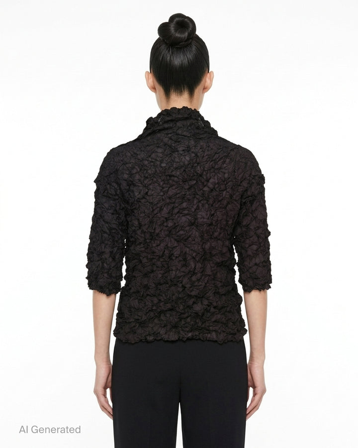 me Issey Miyake Meringue Top in black with allover crinkled texture, funnel neckline and short sleeves - back