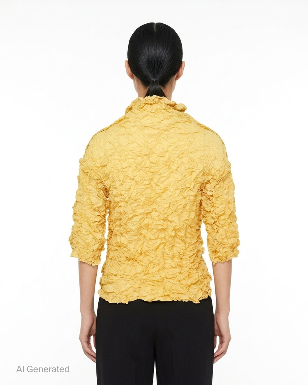 me Issey Miyake Meringue Top in black with allover crinkled texture, funnel neckline and short sleeves - back