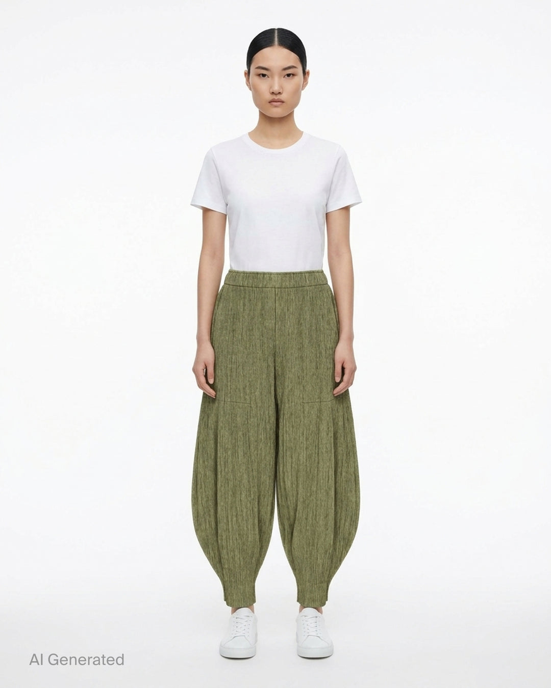 me Issey Miyake Mix Fine Knit Pleats Bottom in mottled olive green with elasticated waist and balloon-shaped pleated legs - front
