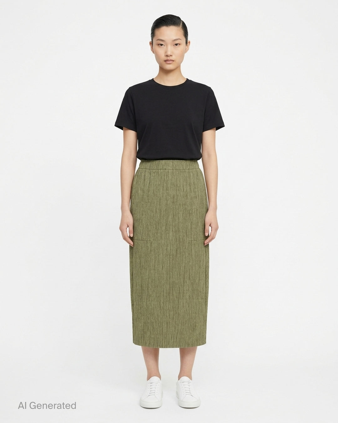 me Issey Miyake black pleated pencil skirt with fine ribbed texture and gathered lower panel, front view - front