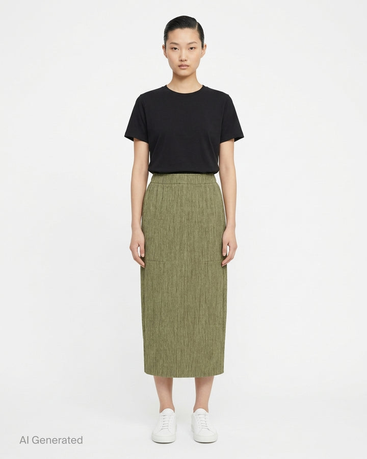 me Issey Miyake black pleated pencil skirt with fine ribbed texture and gathered lower panel, front view - front