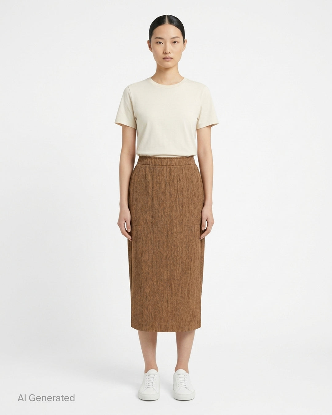 me Issey Miyake black pleated pencil skirt with fine ribbed texture and gathered lower panel, front view - front