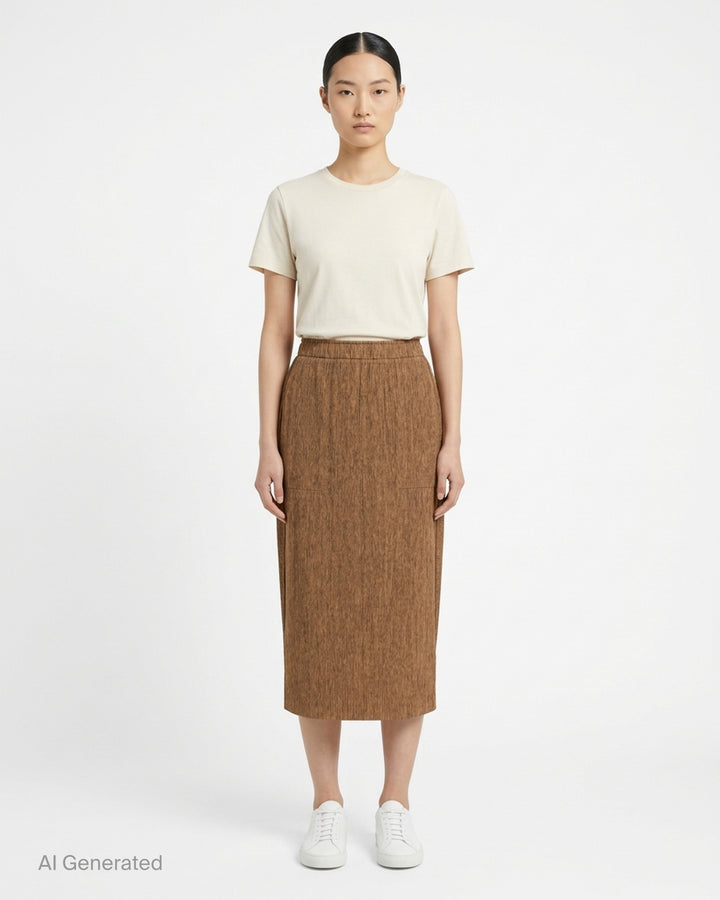 me Issey Miyake black pleated pencil skirt with fine ribbed texture and gathered lower panel, front view - front