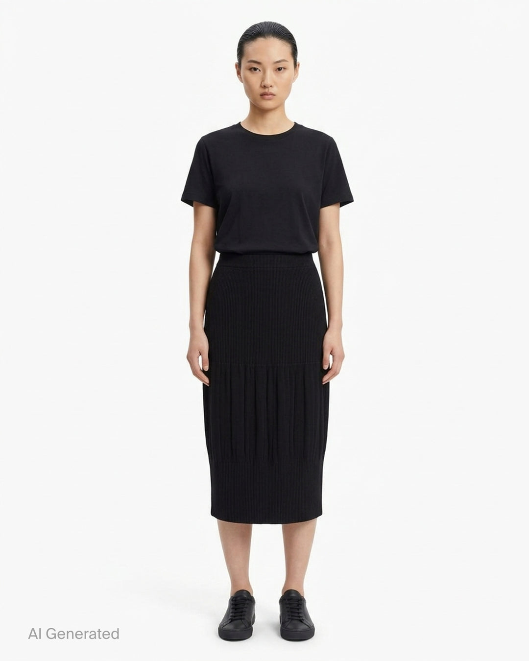 me Issey Miyake black pleated pencil skirt with fine ribbed texture and gathered lower panel, front view - front