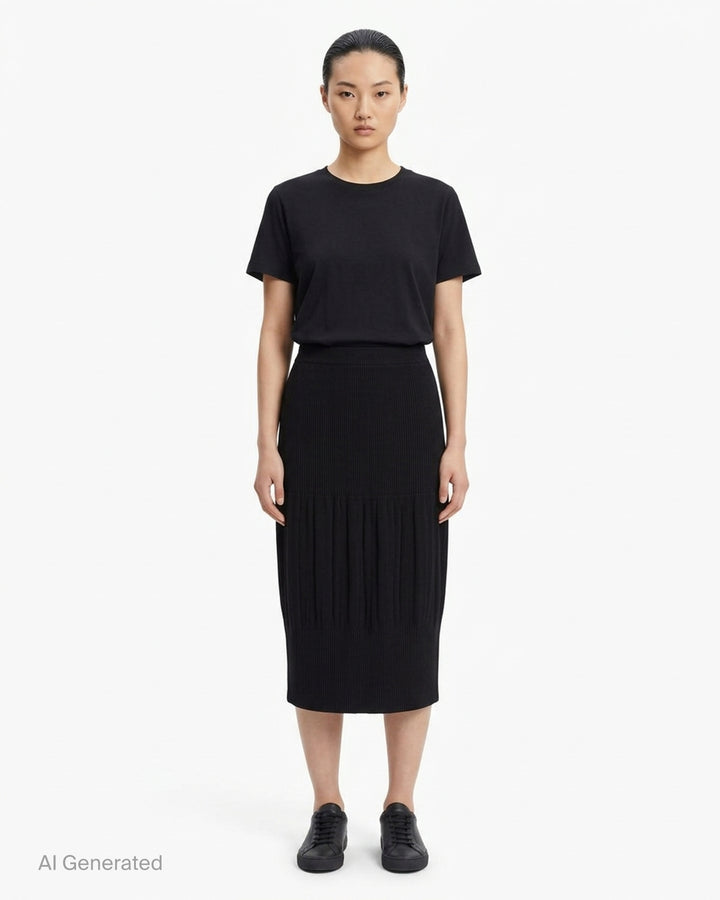 me Issey Miyake black pleated pencil skirt with fine ribbed texture and gathered lower panel, front view - front