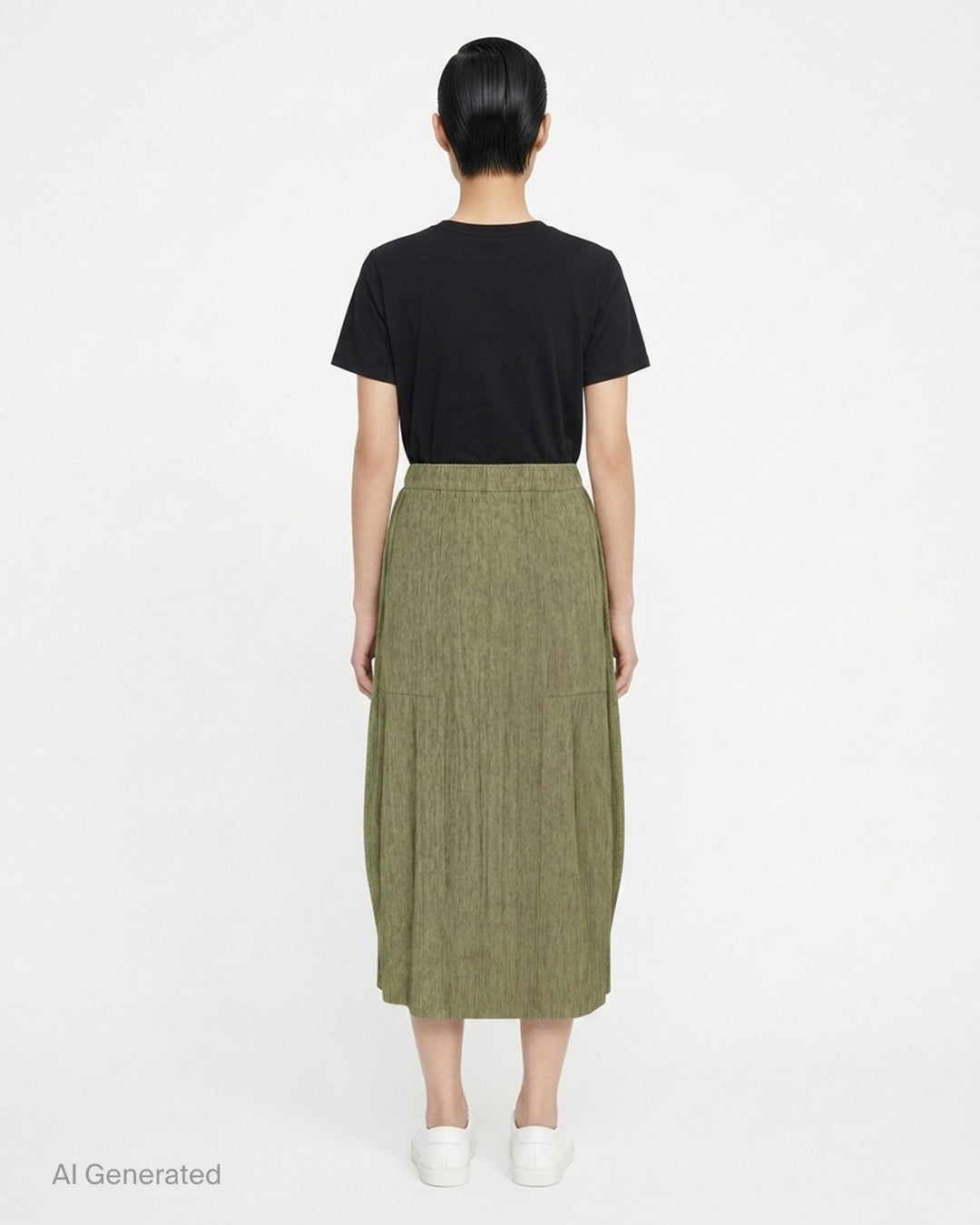 me Issey Miyake black pleated pencil skirt with fine ribbed texture and gathered lower panel, front view - back