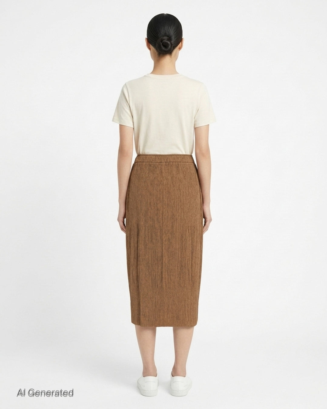 me Issey Miyake black pleated pencil skirt with fine ribbed texture and gathered lower panel, front view - back