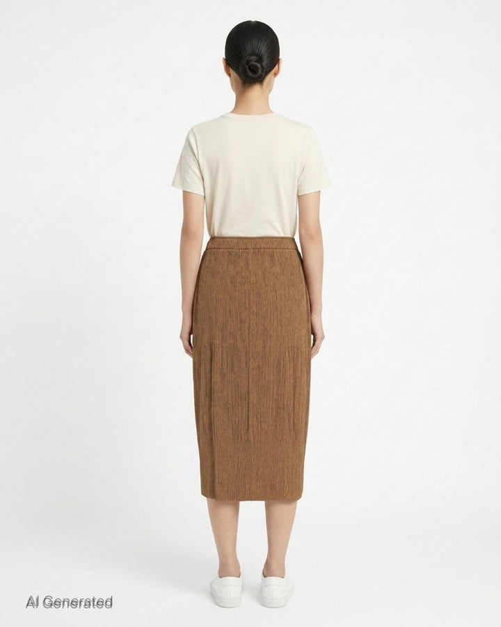 me Issey Miyake black pleated pencil skirt with fine ribbed texture and gathered lower panel, front view - back