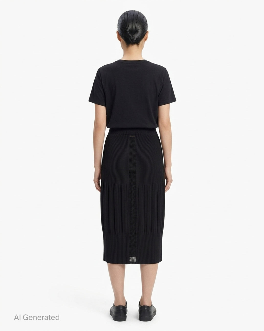 me Issey Miyake black pleated pencil skirt with fine ribbed texture and gathered lower panel, front view - back