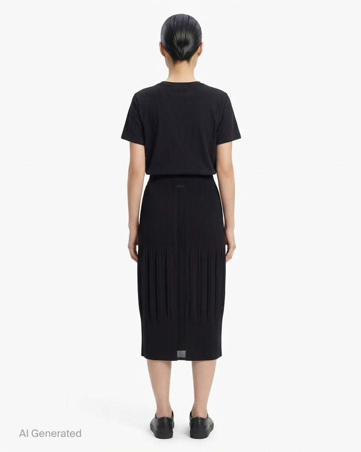 me Issey Miyake black pleated pencil skirt with fine ribbed texture and gathered lower panel, front view - back