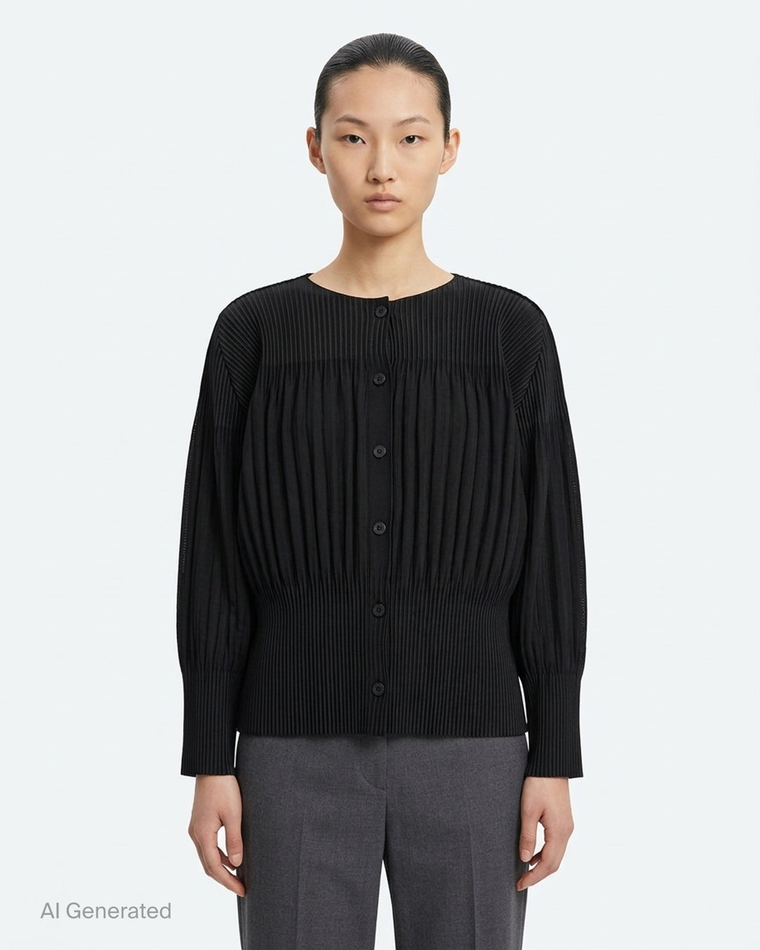 me Issey Miyake black pleated button-front cardigan with gathered waist and rounded sleeves - front