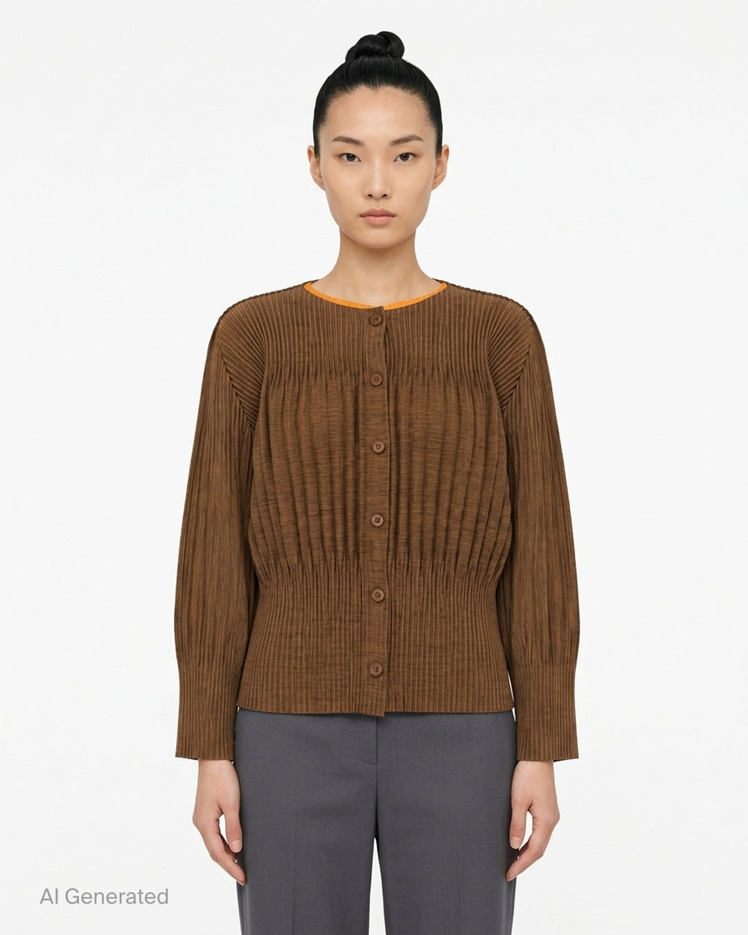 me Issey Miyake black pleated button-front cardigan with gathered waist and rounded sleeves - front