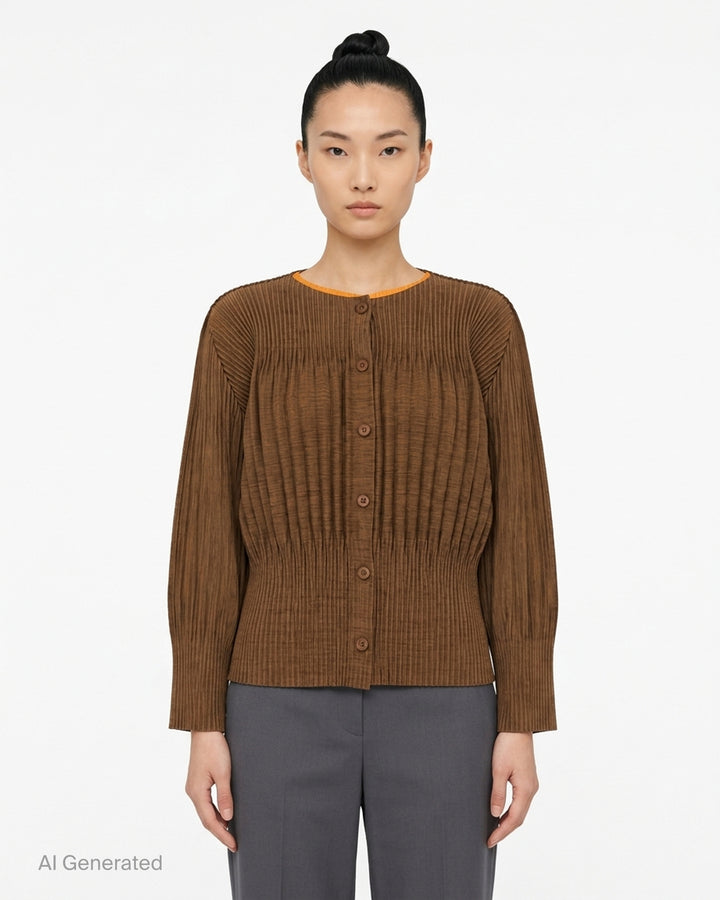 me Issey Miyake black pleated button-front cardigan with gathered waist and rounded sleeves - front