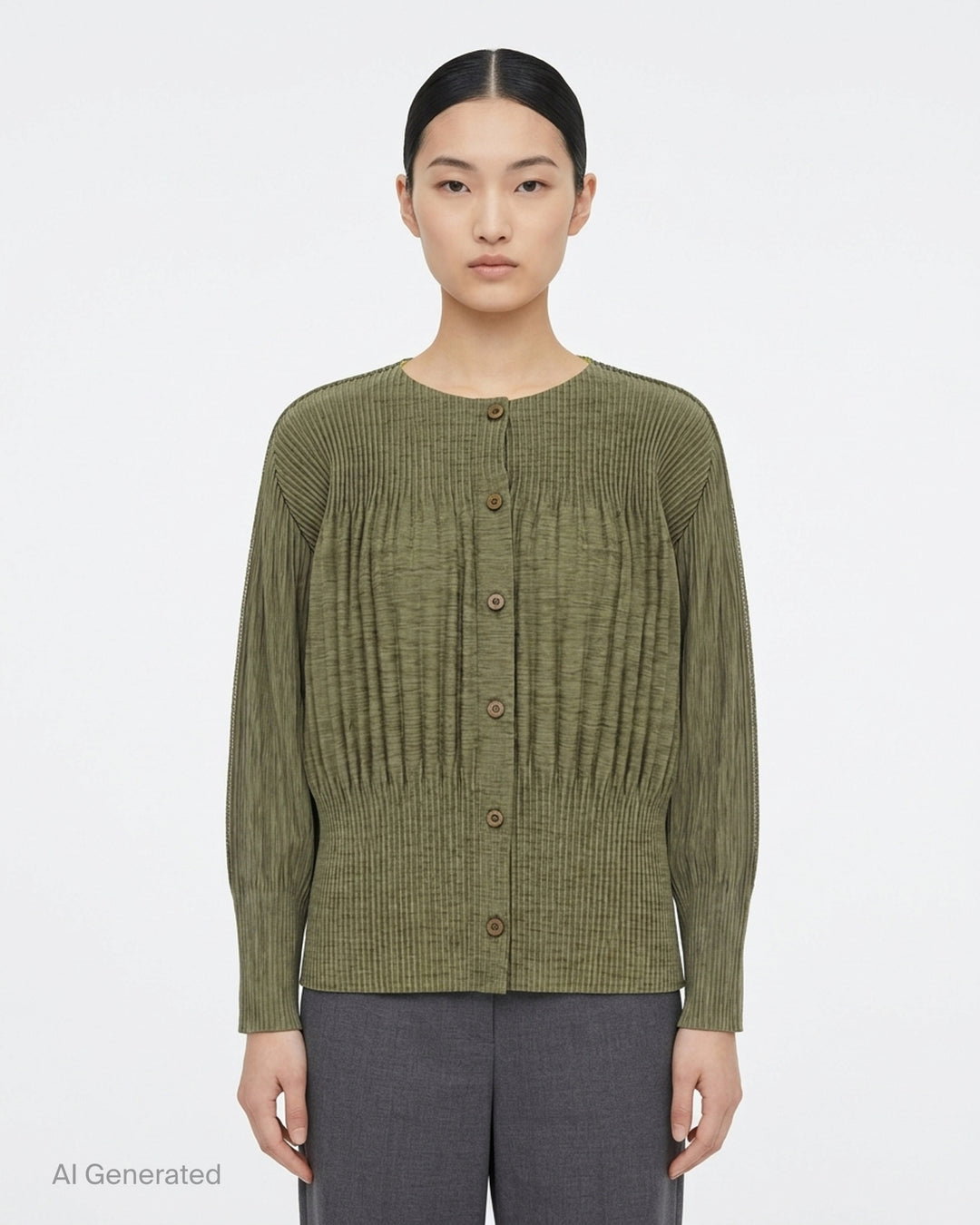 me Issey Miyake black pleated button-front cardigan with gathered waist and rounded sleeves - front