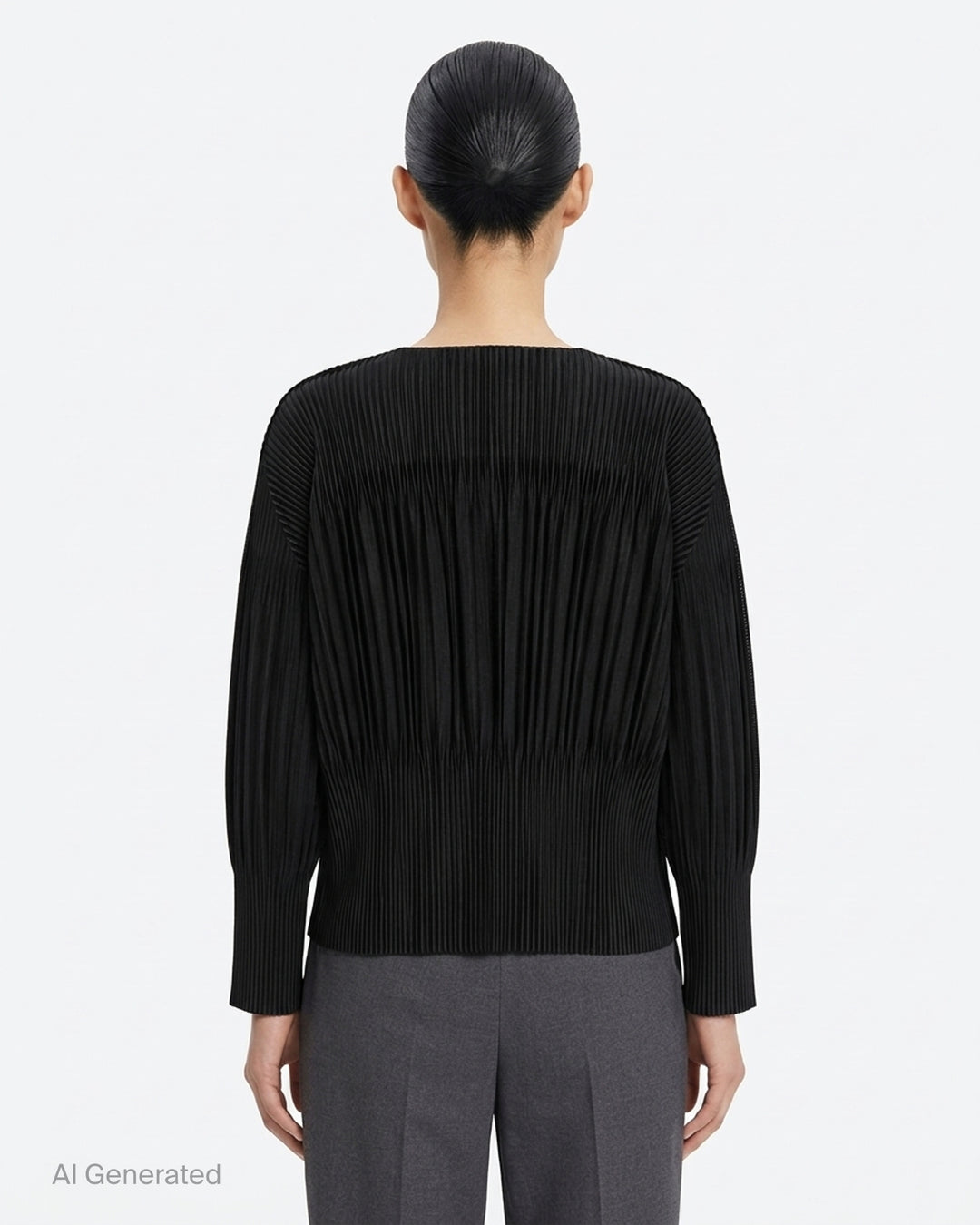 me Issey Miyake black pleated button-front cardigan with gathered waist and rounded sleeves - back