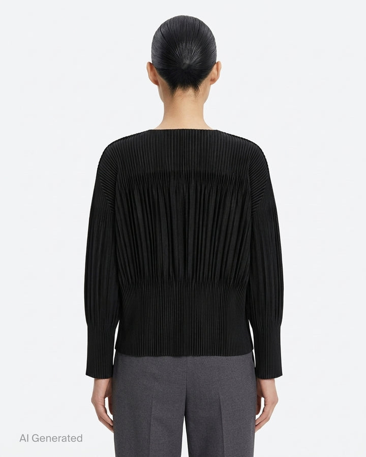 me Issey Miyake black pleated button-front cardigan with gathered waist and rounded sleeves - back