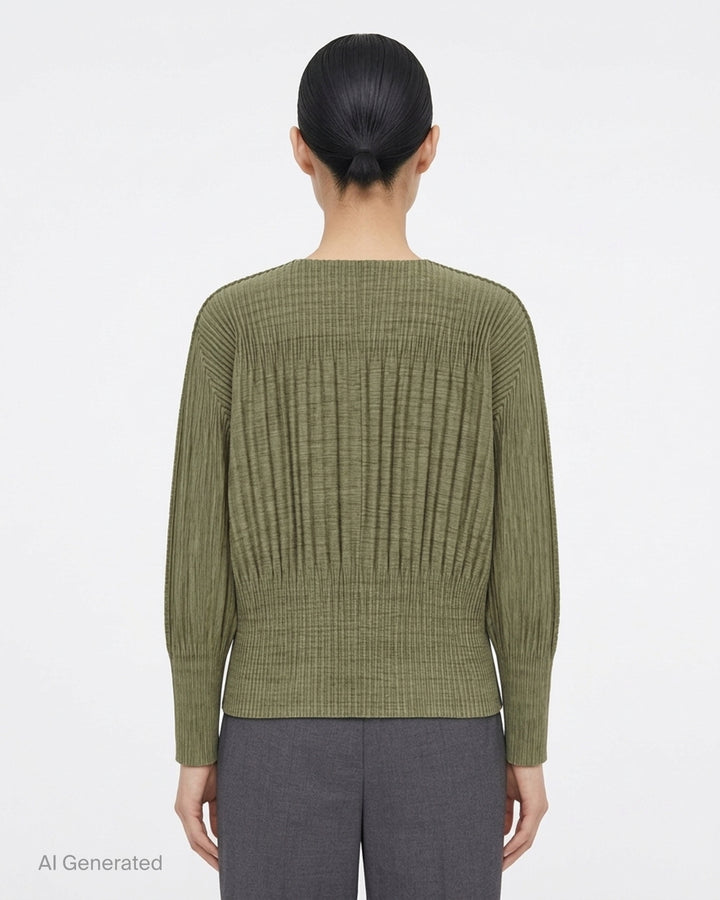 me Issey Miyake black pleated button-front cardigan with gathered waist and rounded sleeves - back