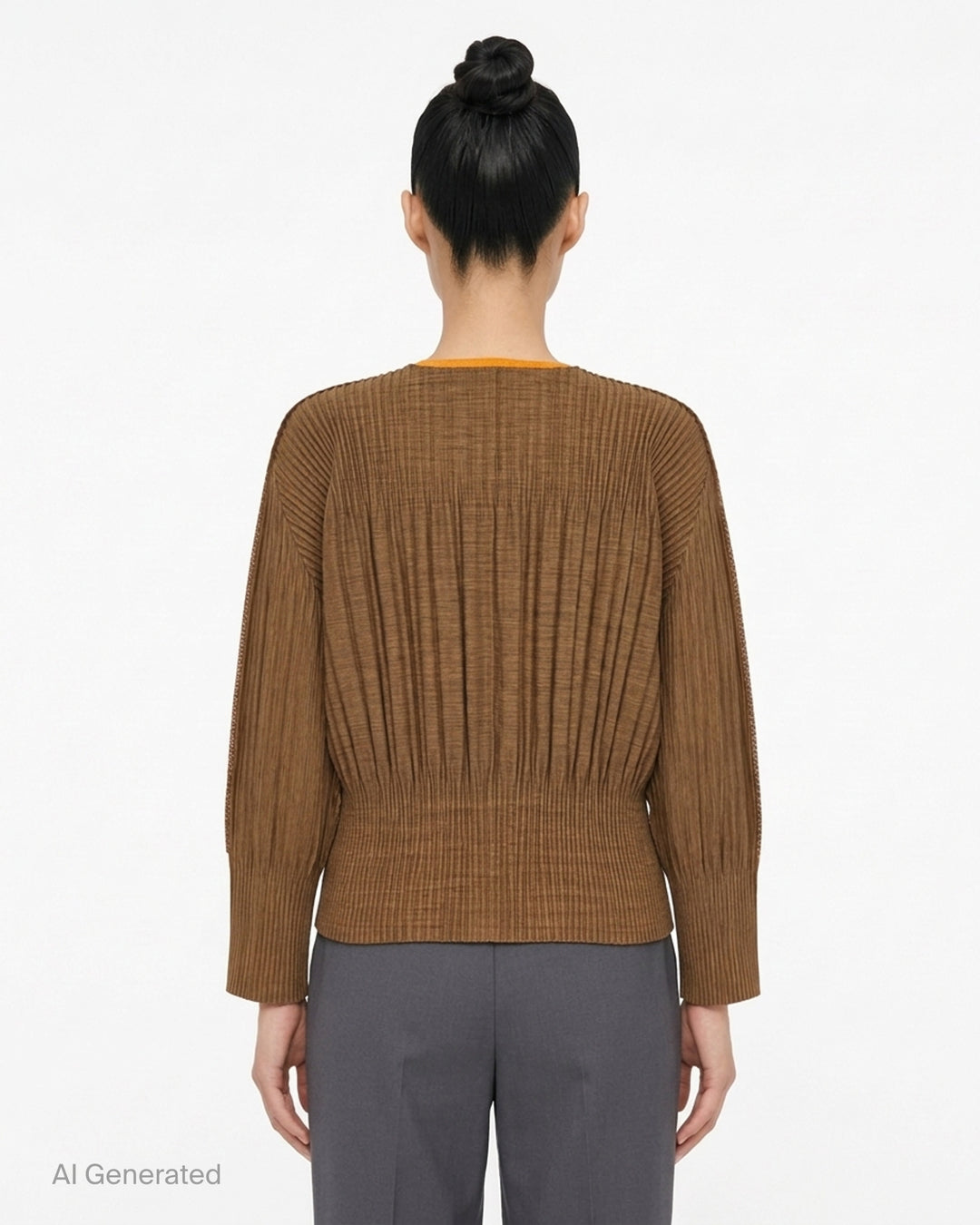 me Issey Miyake black pleated button-front cardigan with gathered waist and rounded sleeves - back