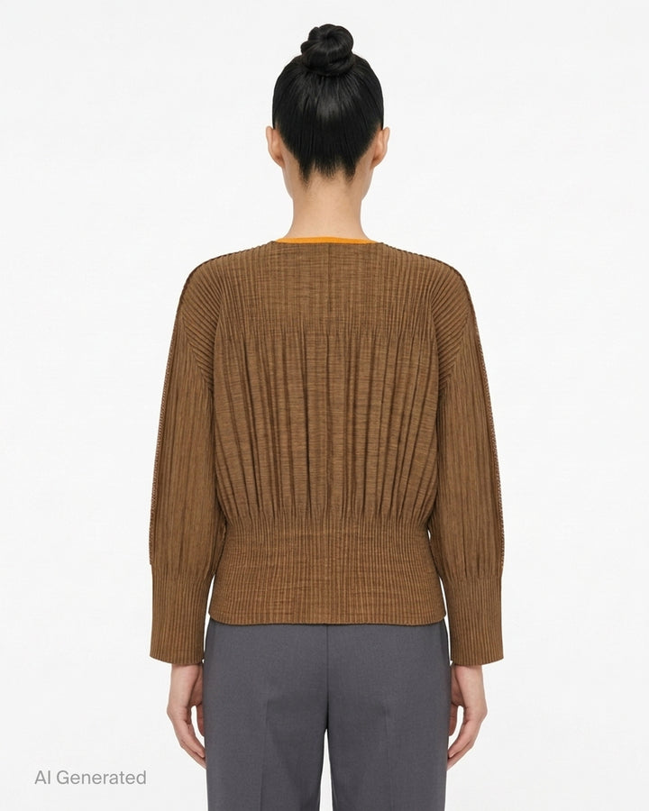 me Issey Miyake black pleated button-front cardigan with gathered waist and rounded sleeves - back