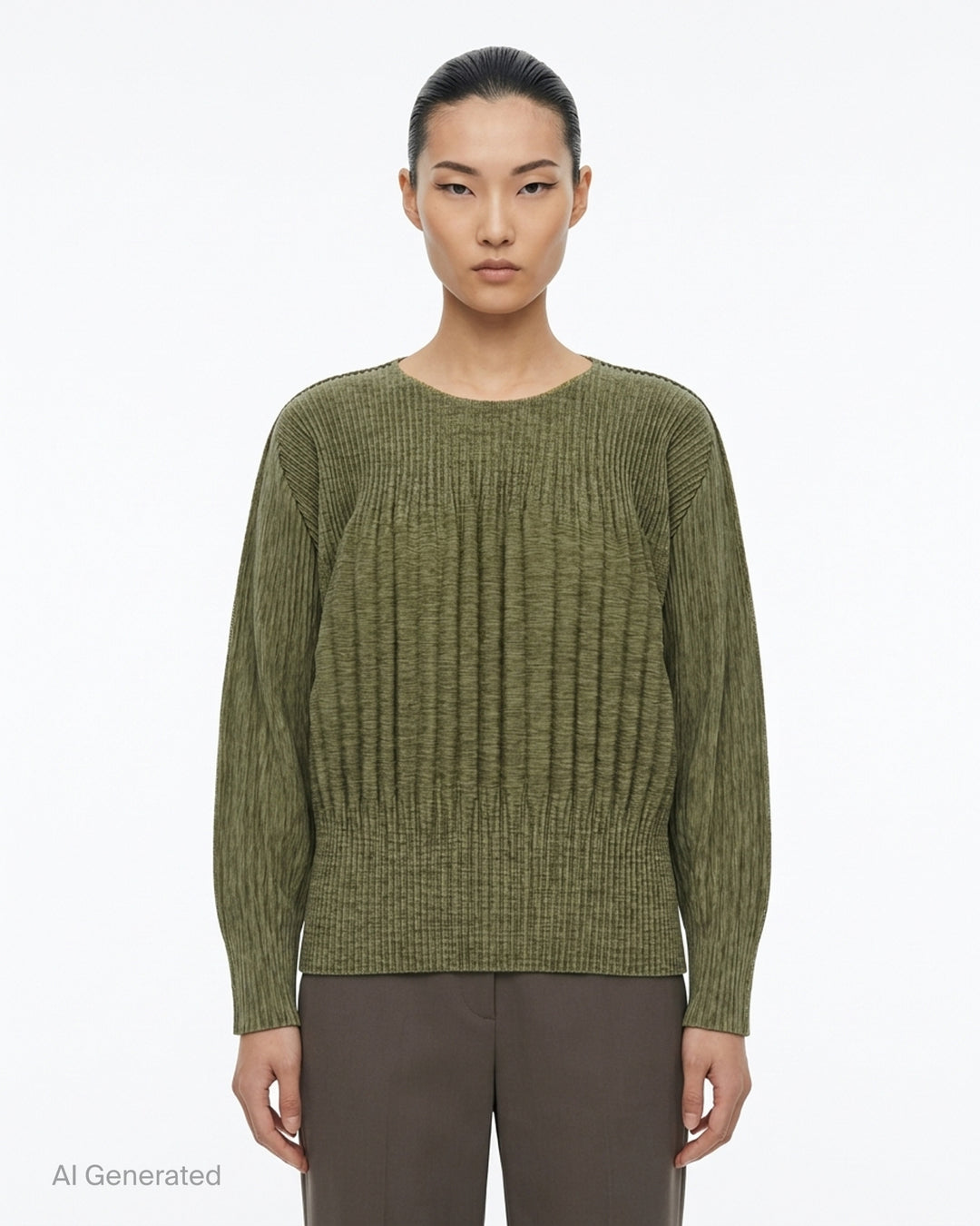 me Issey Miyake Mix Fine Knit Pleats black long-sleeve pleated top with banded hem, front view - front