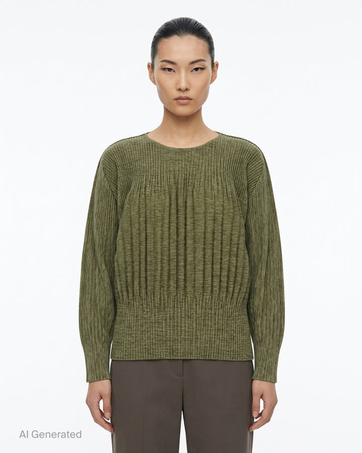 me Issey Miyake Mix Fine Knit Pleats black long-sleeve pleated top with banded hem, front view - front