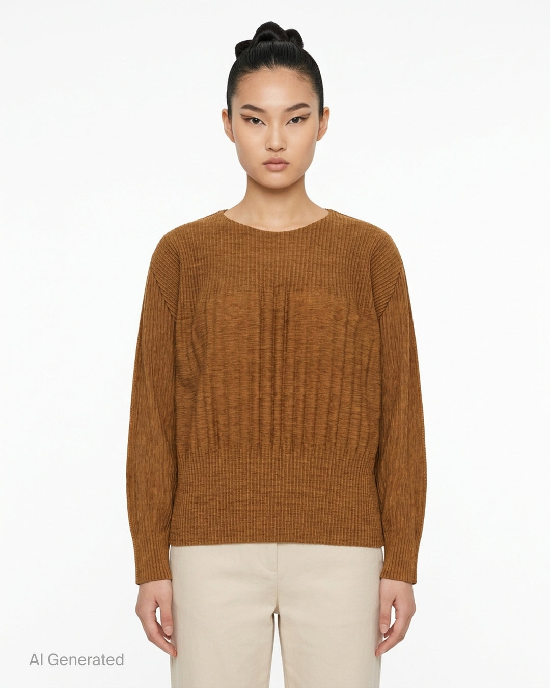 me Issey Miyake Mix Fine Knit Pleats black long-sleeve pleated top with banded hem, front view - front