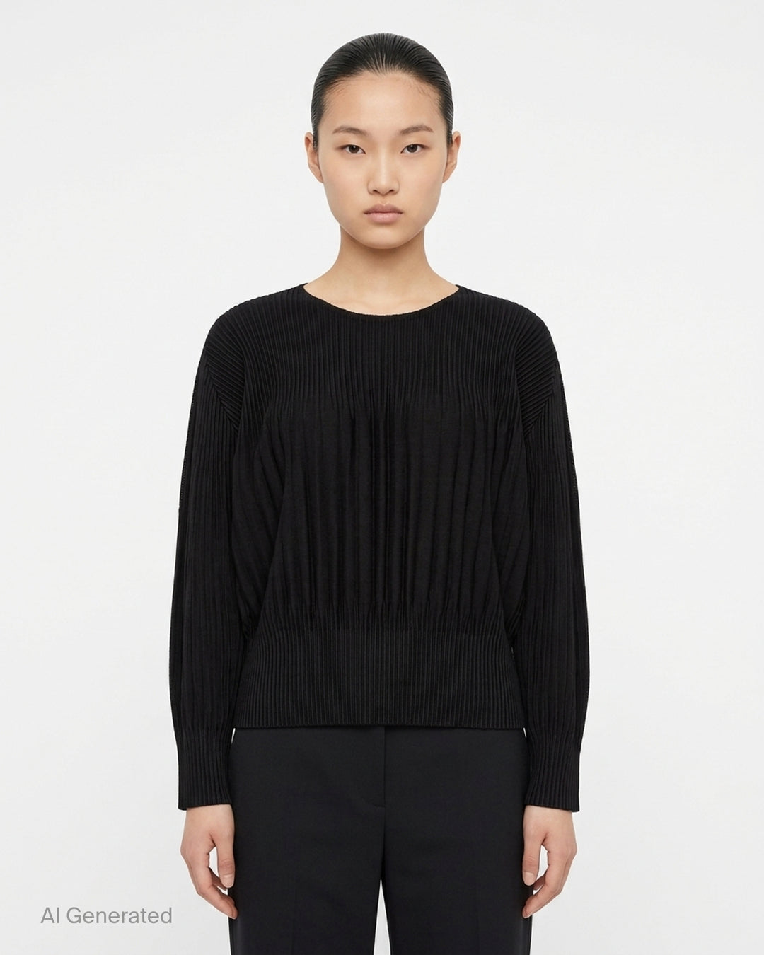 me Issey Miyake Mix Fine Knit Pleats black long-sleeve pleated top with banded hem, front view - front