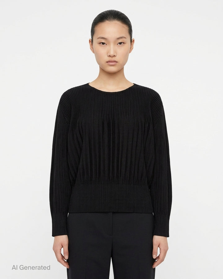 me Issey Miyake Mix Fine Knit Pleats black long-sleeve pleated top with banded hem, front view - front