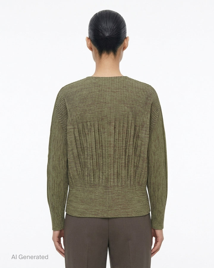 me Issey Miyake Mix Fine Knit Pleats black long-sleeve pleated top with banded hem, front view - back