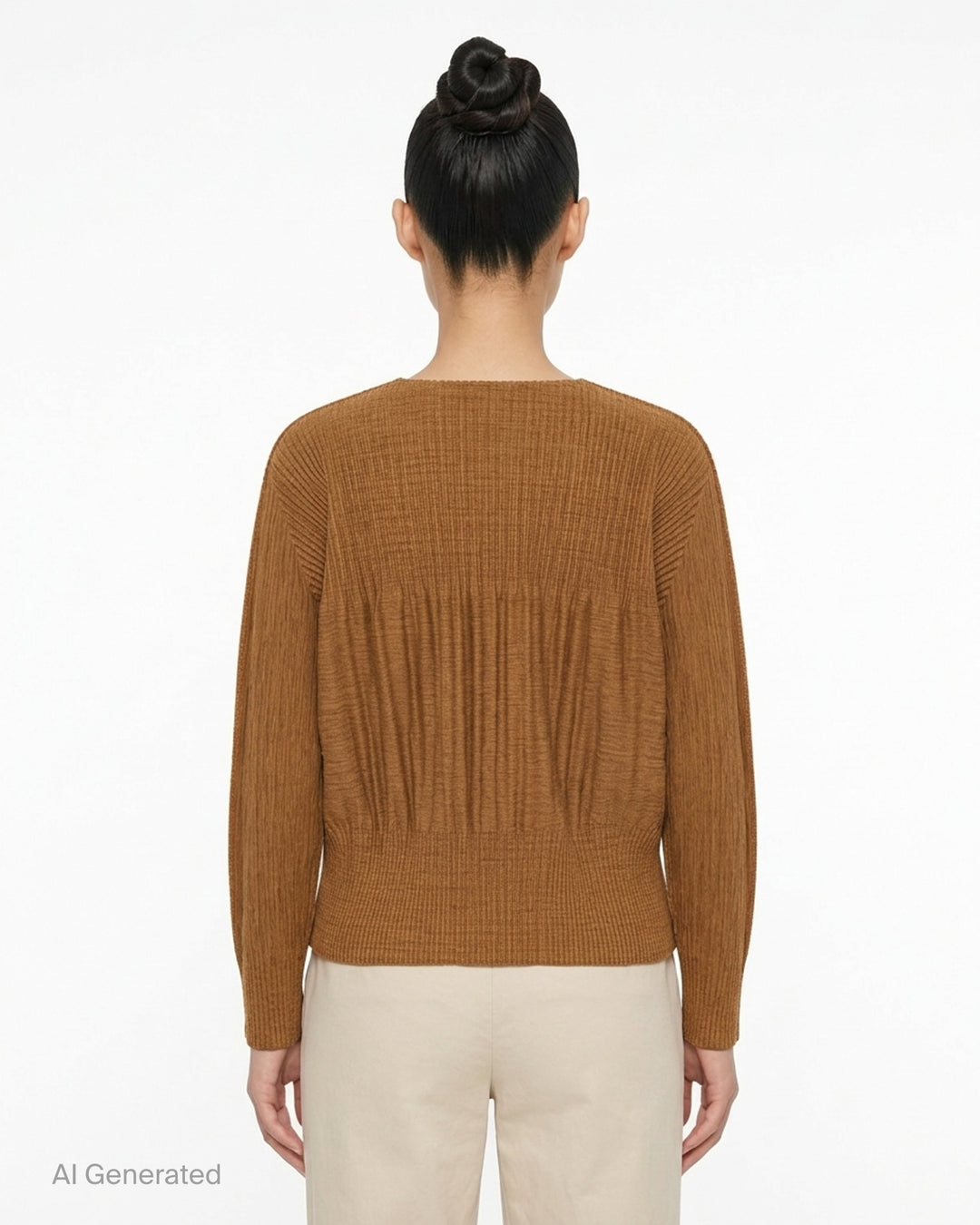 me Issey Miyake Mix Fine Knit Pleats black long-sleeve pleated top with banded hem, front view - back