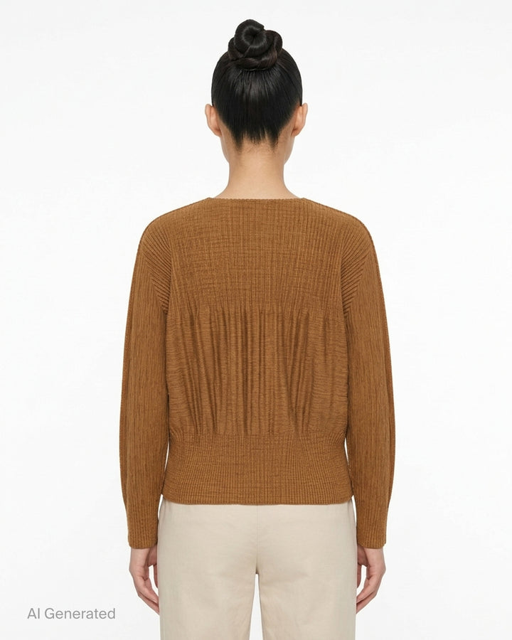 me Issey Miyake Mix Fine Knit Pleats black long-sleeve pleated top with banded hem, front view - back