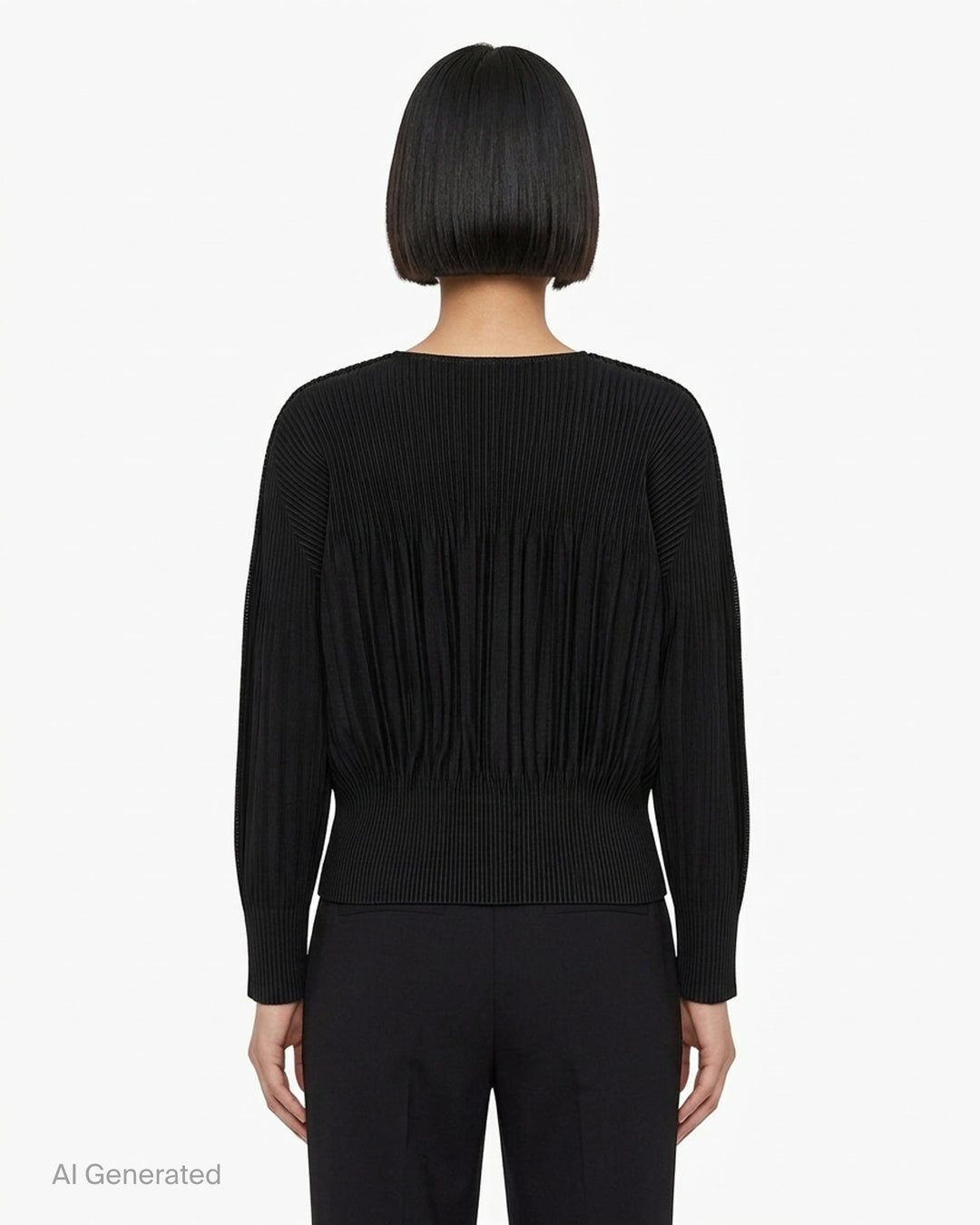 me Issey Miyake Mix Fine Knit Pleats black long-sleeve pleated top with banded hem, front view - back