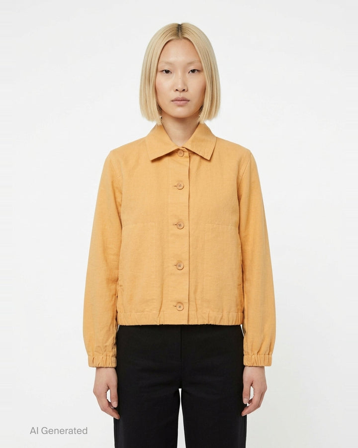 me Issey Miyake PINA Cloth Collar Jacket in muted olive-grey, featuring a point collar, four-button front closure, patch pockets, and elasticated hem and cuffs - front