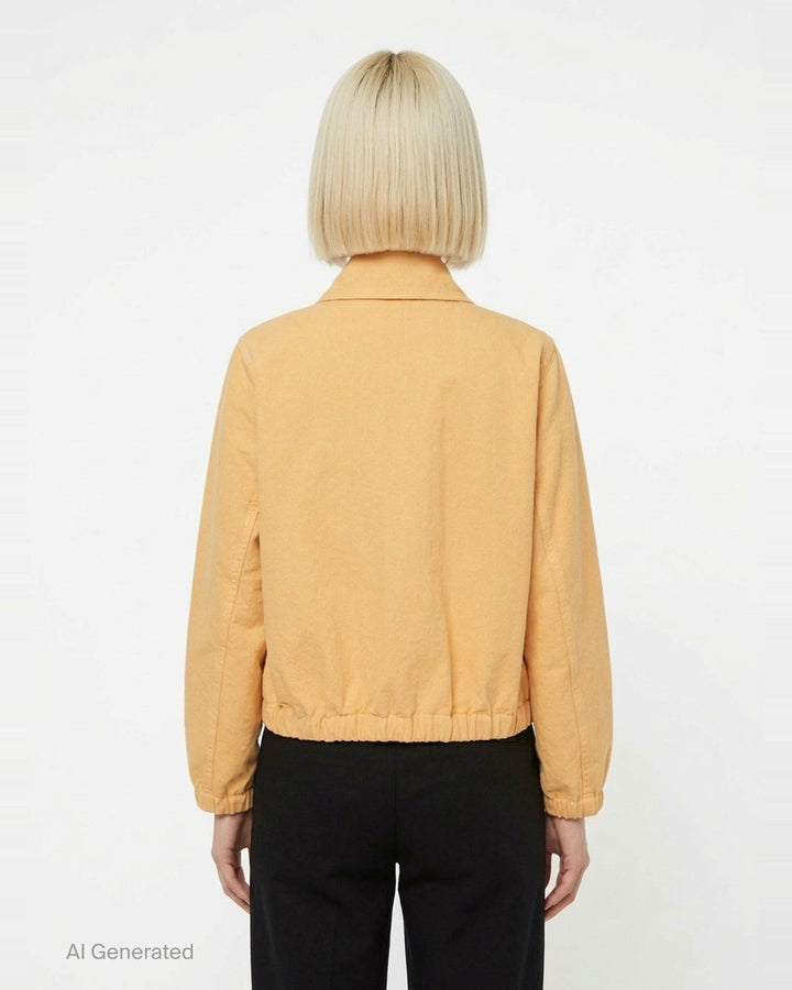 me Issey Miyake PINA Cloth Collar Jacket in muted olive-grey, featuring a point collar, four-button front closure, patch pockets, and elasticated hem and cuffs - back