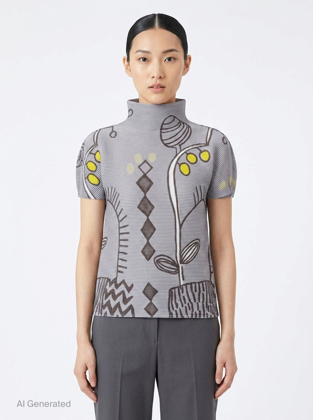 me Issey Miyake PLANT Short Sleeve Pleated Turtleneck Top in lavender grey with botanical and geometric all-over print featuring yellow accents, short puffed sleeves, and high neck - front