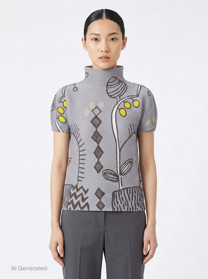 me Issey Miyake PLANT Short Sleeve Pleated Turtleneck Top in lavender grey with botanical and geometric all-over print featuring yellow accents, short puffed sleeves, and high neck - front