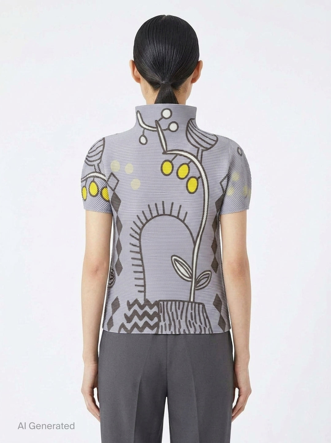 me Issey Miyake PLANT Short Sleeve Pleated Turtleneck Top in lavender grey with botanical and geometric all-over print featuring yellow accents, short puffed sleeves, and high neck - back
