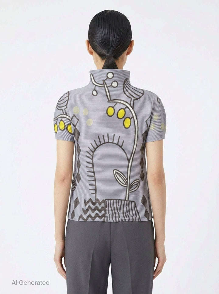 me Issey Miyake PLANT Short Sleeve Pleated Turtleneck Top in lavender grey with botanical and geometric all-over print featuring yellow accents, short puffed sleeves, and high neck - back