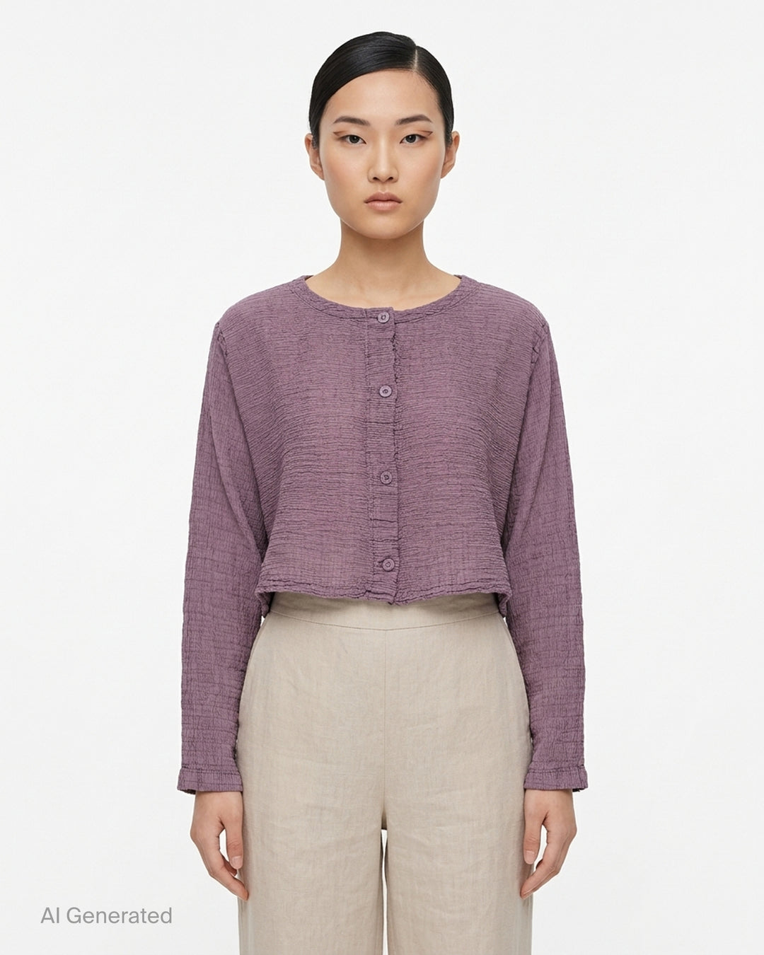 me Issey Miyake Polycotton Crepe cropped cardigan in dusty lilac with crinkled texture, round neckline and tonal button front - front